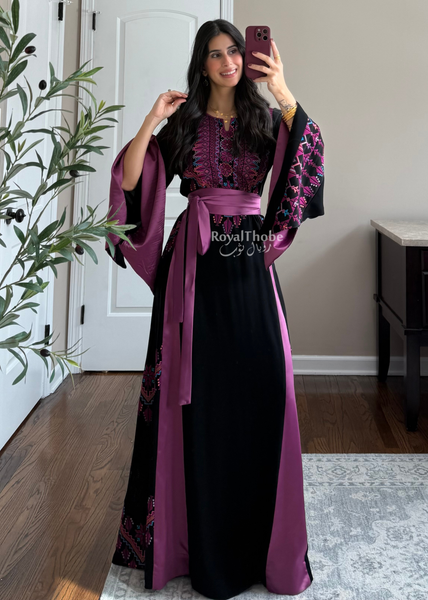 Black/Purple Light Simple Long Full Embroidered Thobe + Gold Coins Shaleh Included