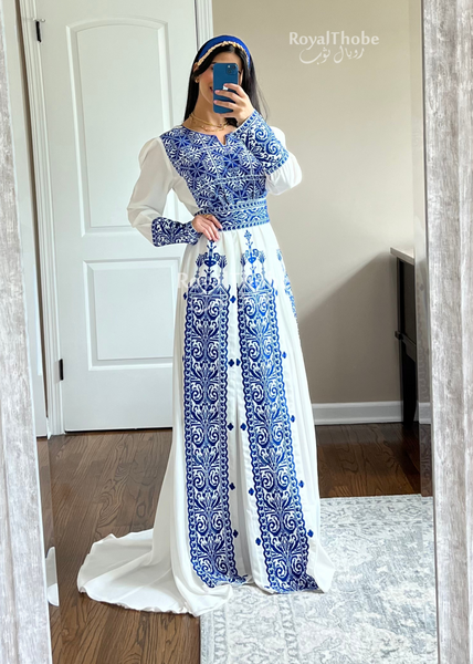White/Blue Modern Puff Shoulder Style Long Embroidered Dress