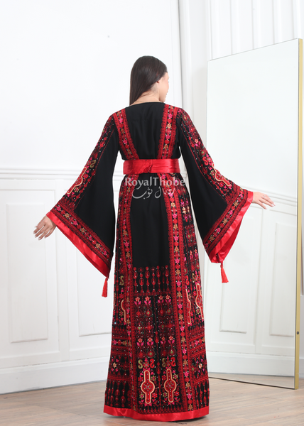 Black/Red Flower Maleka Long Full Embroidered Thobe With Reversible Red Satin Belt