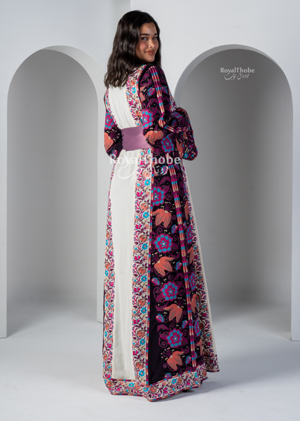 White/Purple Wardeh Long Full Embroidered Thobe