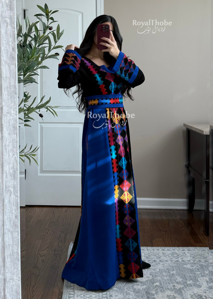 Black/Royal Blue Colorful Square Neck Long Full Embroidered Thobe