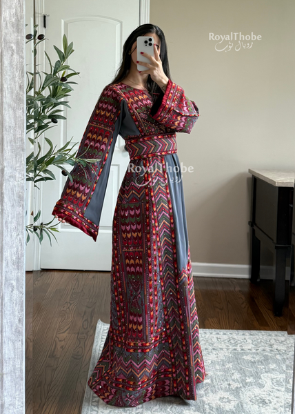 Dark Gray/Burgundy Modern Sahem Long Full Embroidered Thobe With A Revisable Burgundy Satin Belt