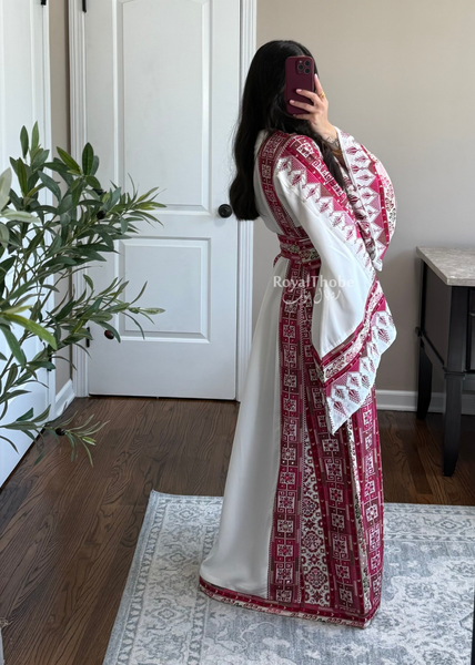 White/ Pinkish Maroon Simple Full Embroidered Thobe