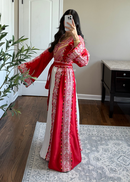 White/ Red Satin Classic Full Embroidered Thobe