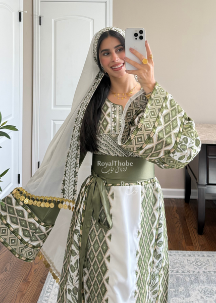 White/ Olive Green Zaytona Full Embroidered Thobe