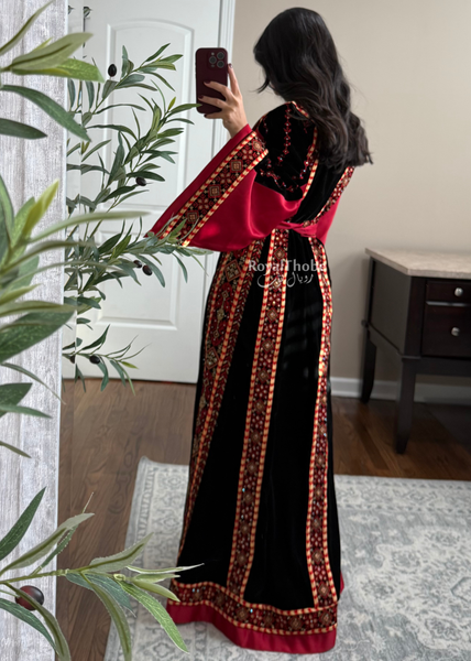 Velvet Black/Burgundy Simple Long Fully embroidered Thobe