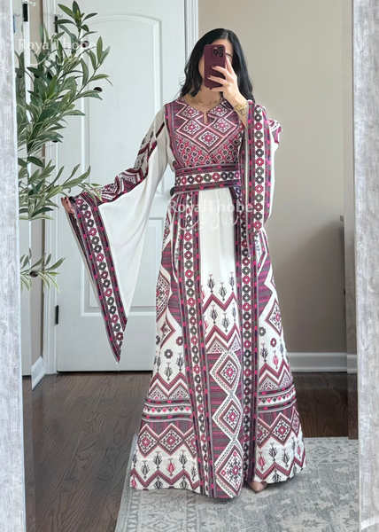 White/Purple Dimond Long Full Embroidered Thobe