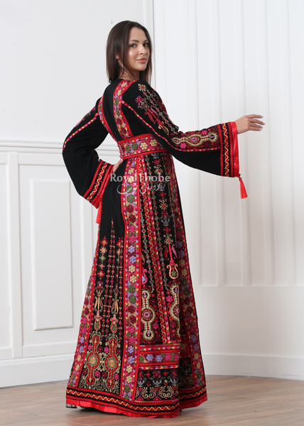 Black/Red Malak Kasab Full Embroidered Thobe With Reversible Red Satin Belt