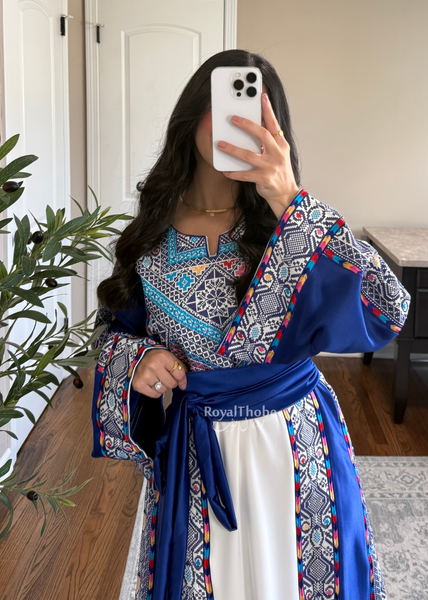 White/ Blue Satin Classic Full Embroidered Thobe