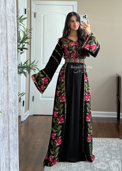 Floral Black/Red Long Full Embroidered Thobe