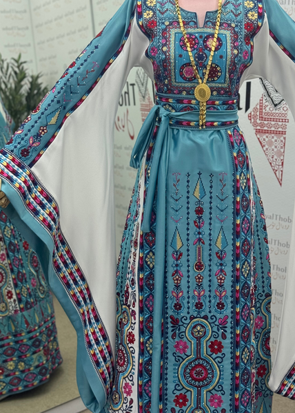 Baby Blue/White Maleka Long Full Embroidered Thobe