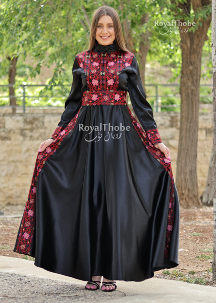 Black/Red Satin Turtleneck Modern Long Embroidered Dress