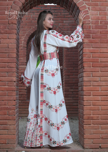 White/Red Simple Flower Long Full Embroidered Thobe