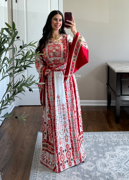 White/ Red Satin Maleka Kasab Full Embroidered Thobe