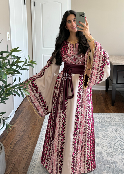 Beige/ Burgundy Zaytona Branches Full Embroidered Thobe
