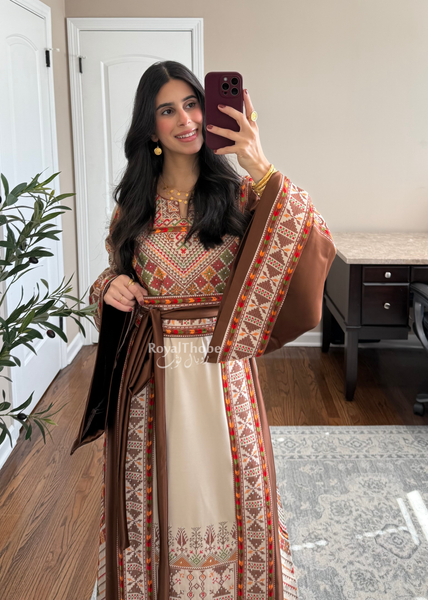 Beige/Brown Triangle Full Embroidered Thobe