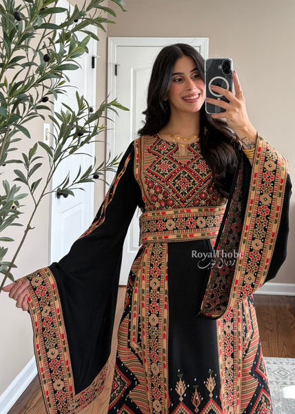 Black//Gold Dimond Long Full Embroidered Linen Fabric Thobe