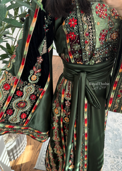 Olive Green Satin & Black Velvet Maleka Fully Embroidered Thobe