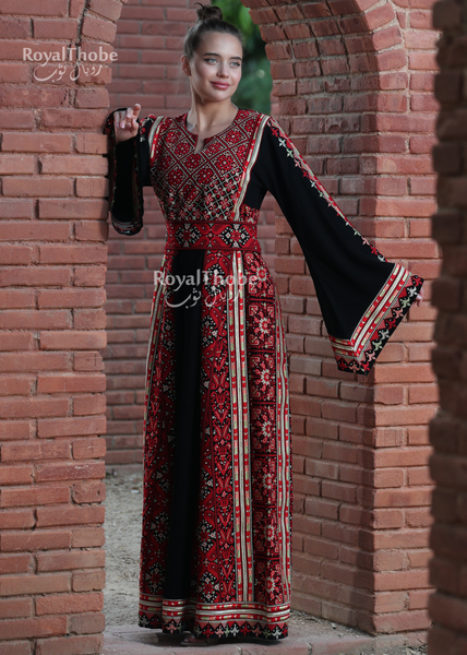 Black/Red Modern Full Sides Long Embroidered Thobe