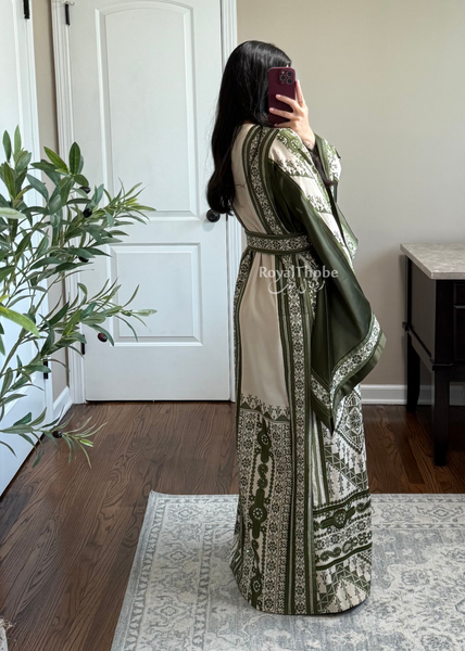 Beige/ Olive Green Malekah Full Embroidered Thobe