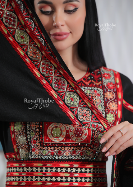 Black/Red Flower Maleka Long Full Embroidered Thobe