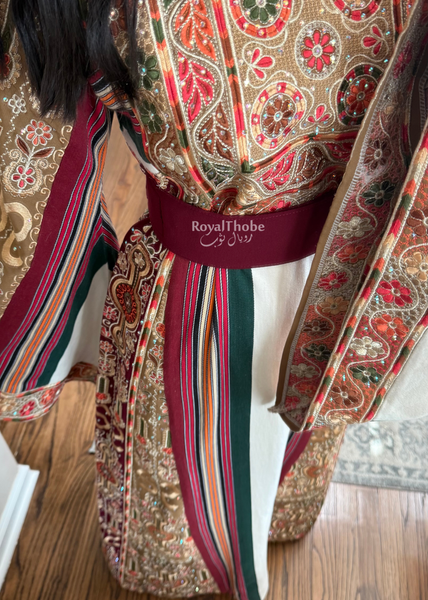 Cream Floral Majdlawe Maleka Long Full Embroidered Thobe