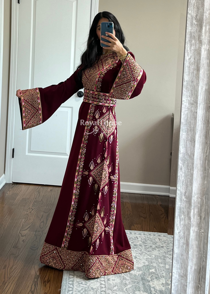 Burgundy Simple Dimond Full Embroidered Thobe