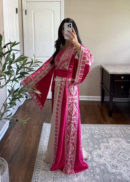 Beige/Pink Floral Long Full Embroidered Thobe
