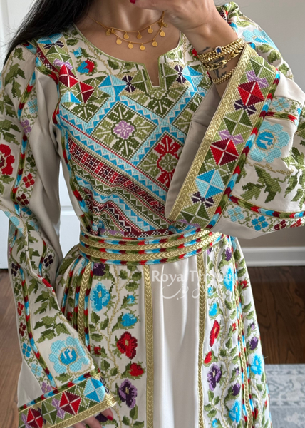 Beige/Cream Colorful Wardeh Kasab Long Full Embroidered Thobe