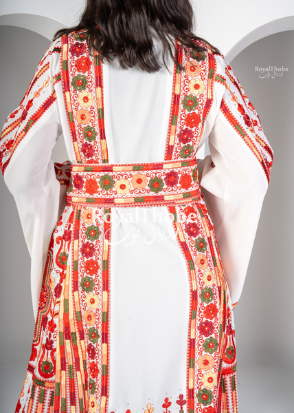 White/Red Flare Flower Maleka Long Full Embroidered Thobe