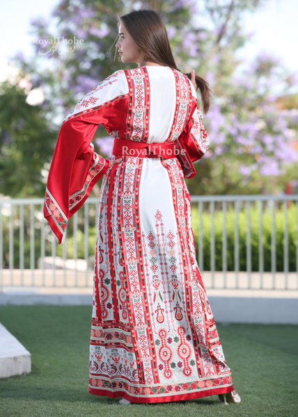 White/Red Flower Maleka Full Embroidered Thobe With Red Satin Reversible Belt