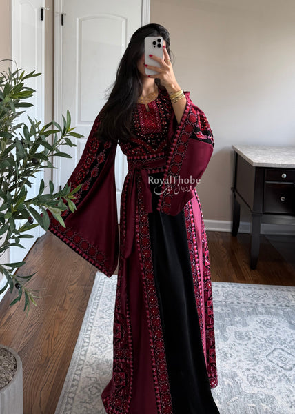 Black/Burgundy Long Full Embroidered Thobe