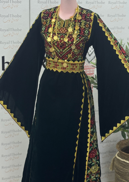 Velvet Olive Green Simple Floral Long Embroidered Thobe/Dress