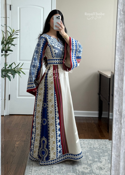 Cream/Royal Blue Maleka Majdlawe Long Full Embroidered Thobe