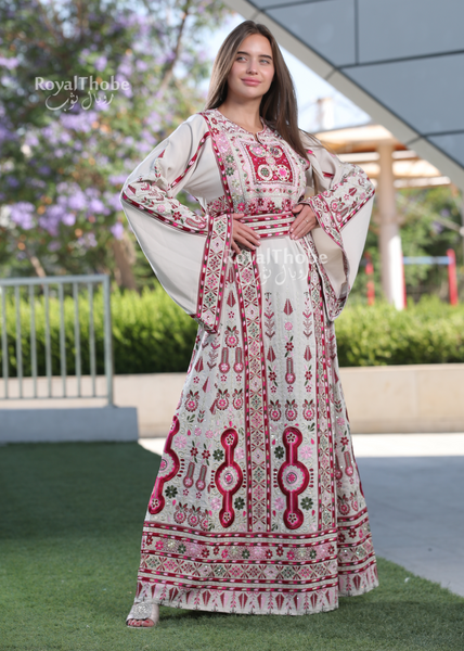 Beige/Burgundy Flower Maleka Long Full Embroidered Thobe