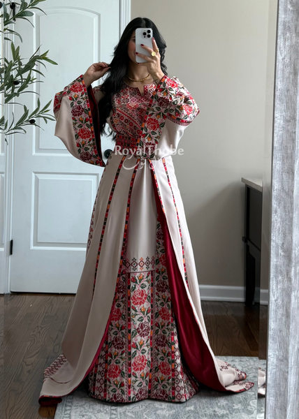 Bridal Beige/Burgundy Warda Full Embroidered Thobe