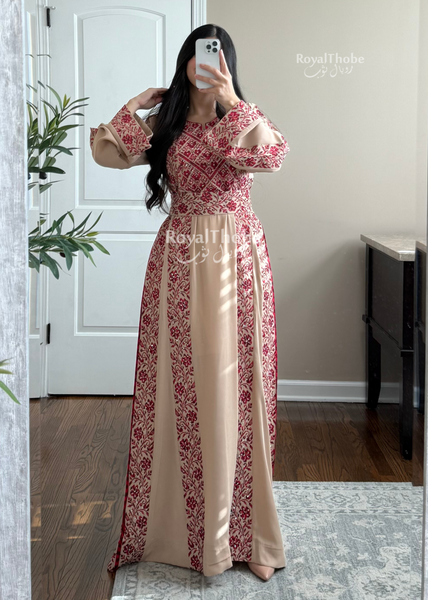 Beige/Burgundy Elegant Floral Full Embroidered Thobe