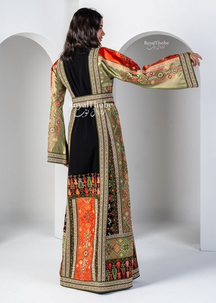 Black Orange & Olive Green Maleka Long Full Embroidered Thobe