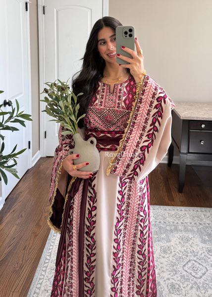 Beige/ Burgundy Zaytona Branches Full Embroidered Thobe