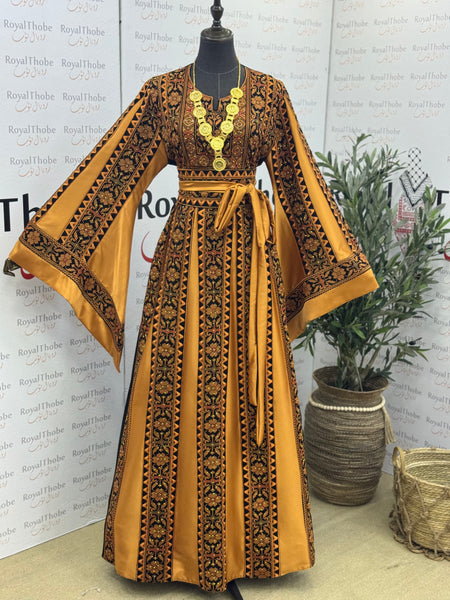Black/ Mustard Bronze Simple Long Full Embroidered Thobe