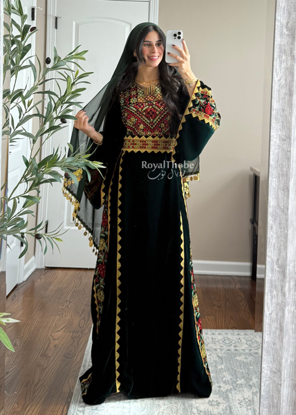 Velvet Olive Green Simple Floral Long Embroidered Thobe/Dress