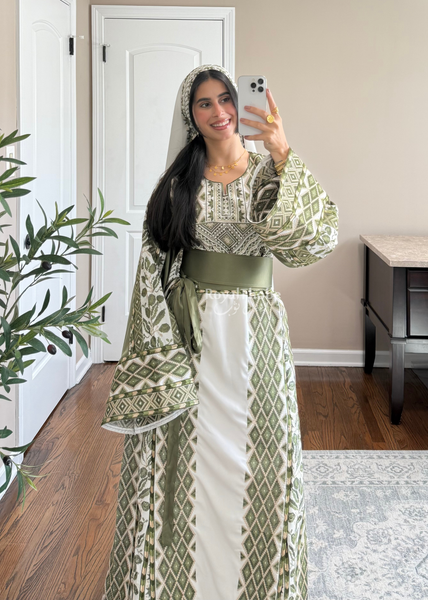 White/ Olive Green Zaytona Full Embroidered Thobe