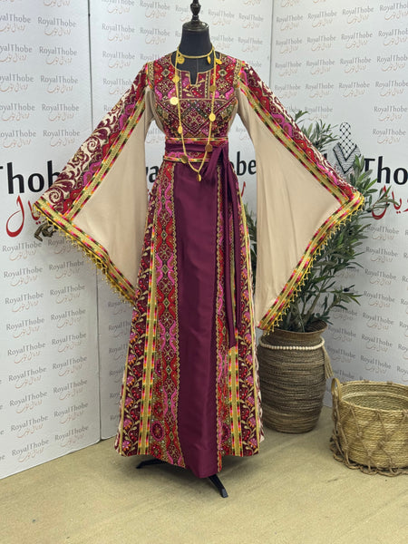 Burgundy & Beige Satin Full Embroidered Thobe with Gold Beaded Fringe Sleeves