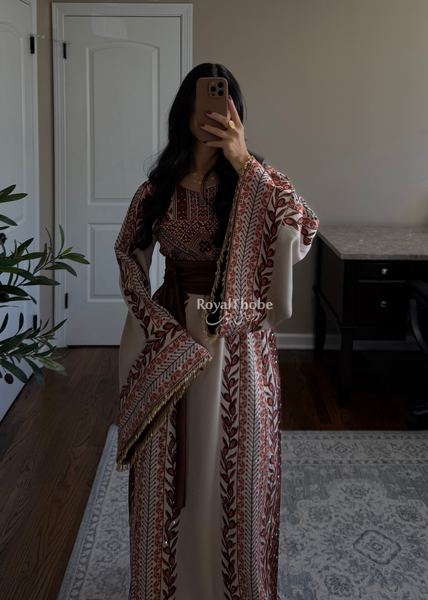Beige/ Brown Zaytona Branches Full Embroidered Thobe