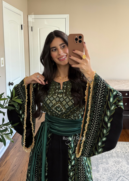 Black/ Olive Green Zaytona Branches Full Embroidered Thobe
