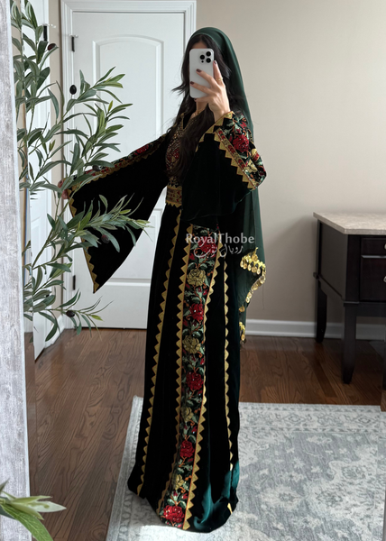 Velvet Olive Green Simple Floral Long Embroidered Thobe/Dress