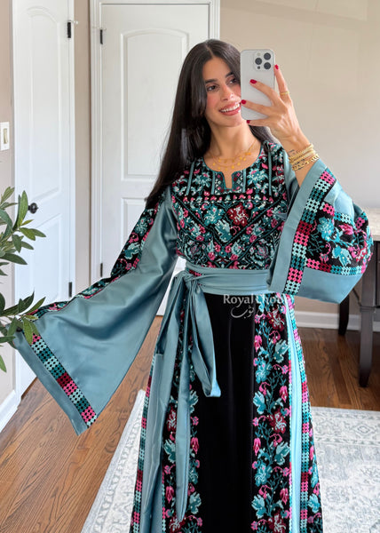 Black/Blue Floral&nbsp;Long Full Embroidered Thobe