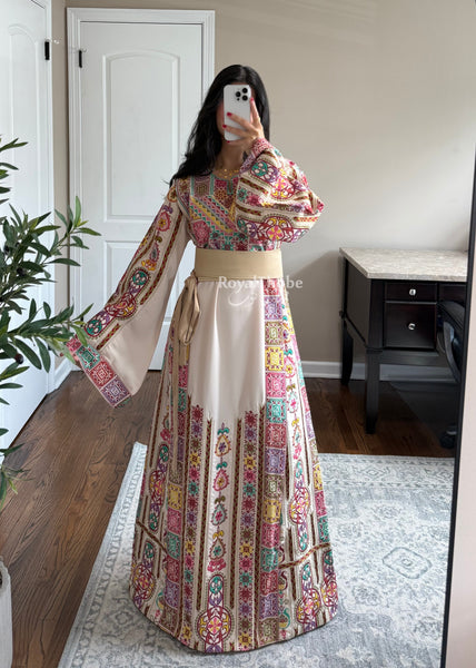 Cream/ Beige Colorful Maleka Full Embroidered Thobe