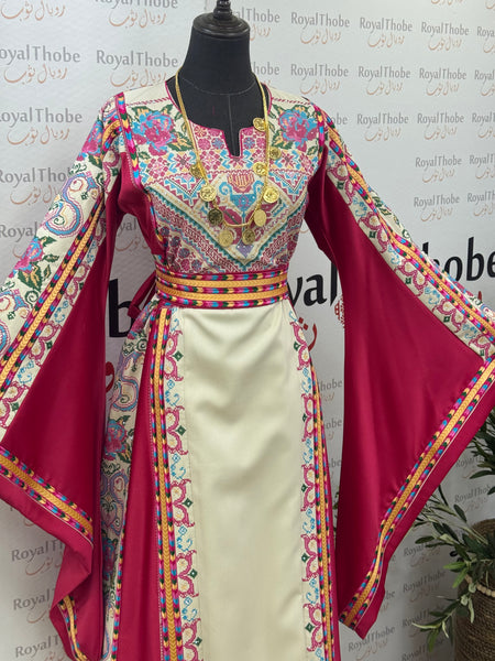 Pink & Cream Beige Satin  Floral Full Embroidered Thobe