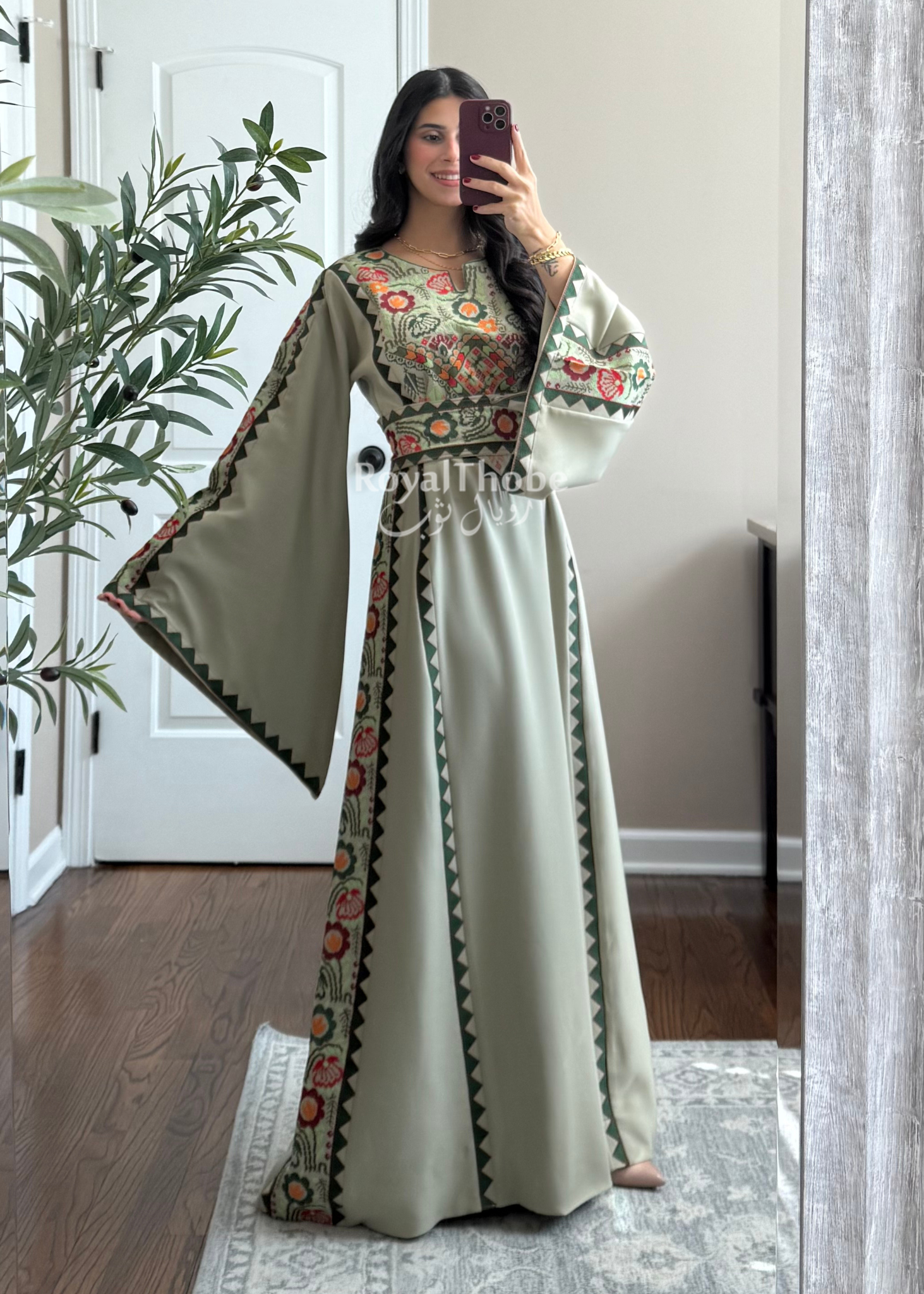 Sage/Olive Green Simple Floral Long Embroidered Thobe/Dress